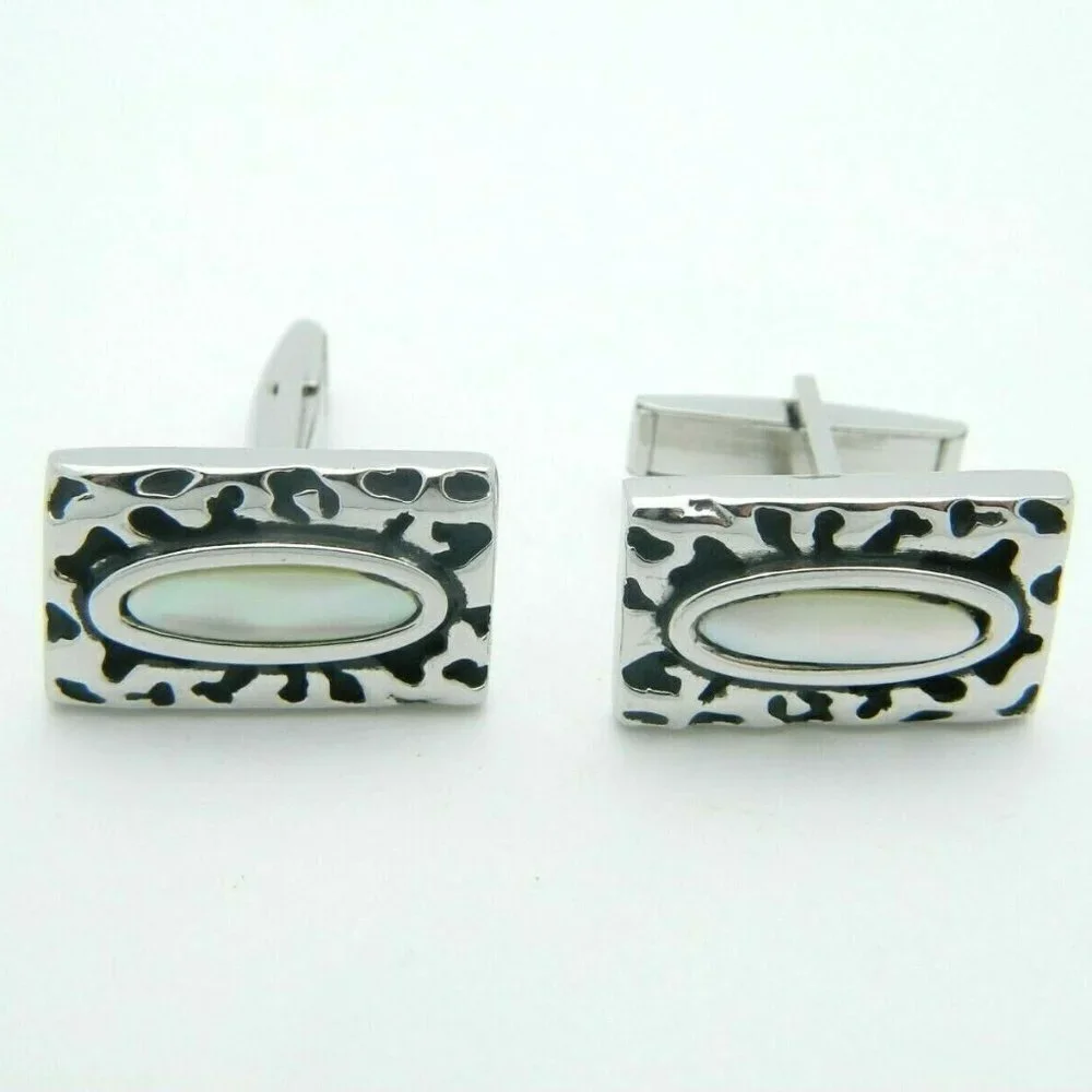 Mother of Pearl Silver Tone Textured Cufflinks Set